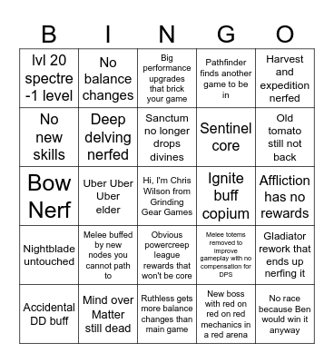 affliction Bingo Card