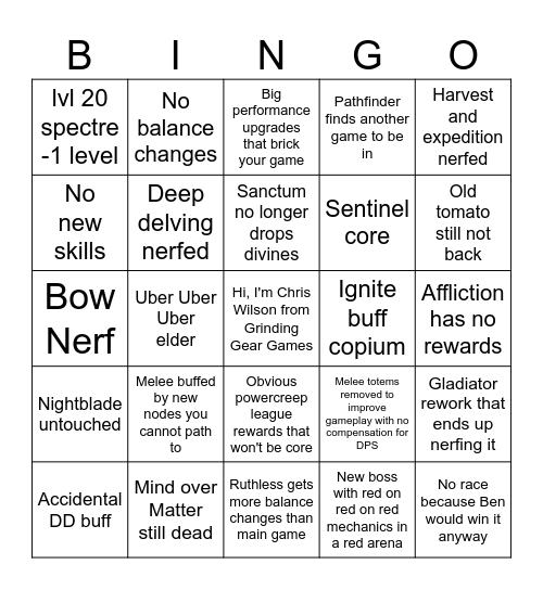 affliction Bingo Card