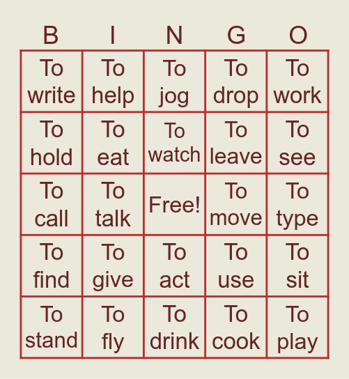 Verb Bingo Card