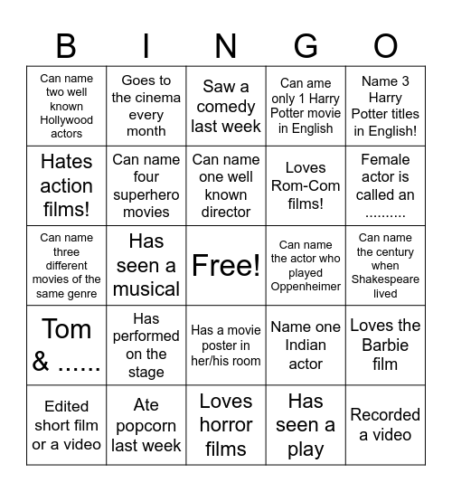 film class Bingo Card