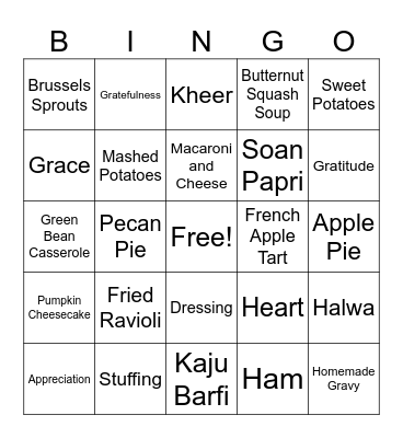 Gratitude and FOOD Bingo Card