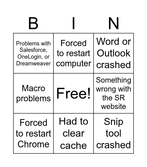 Tech Problems Bingo Card