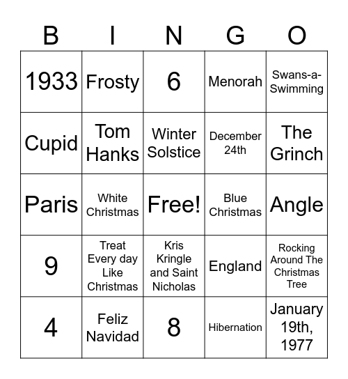 NHS Winter Bingo Card