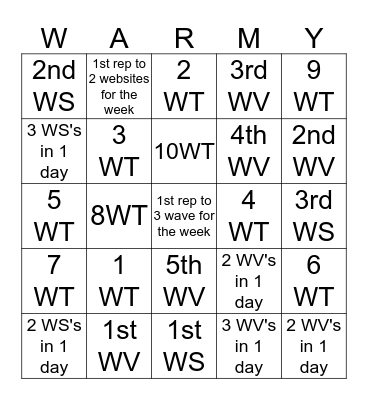 Warmy's Wavey's & Webby's Bingo Card