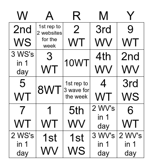 Warmy's Wavey's & Webby's Bingo Card