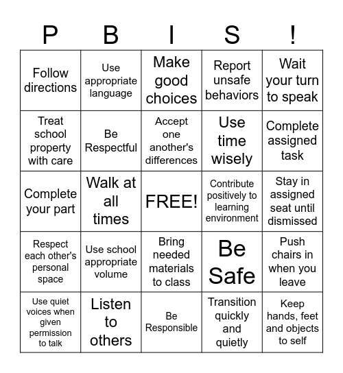 PBIS Classroom Matrix Bingo Card