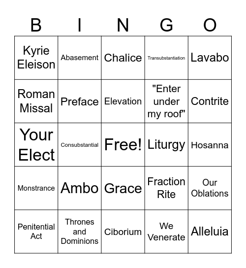 Catholic Mass Vocabulary Bingo Card