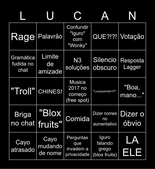 Lucan Live Bingo Card