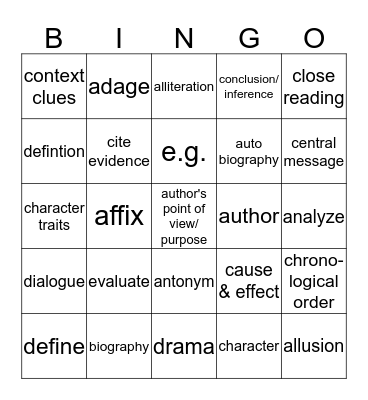 Fourth Grade Reading Bingo Card