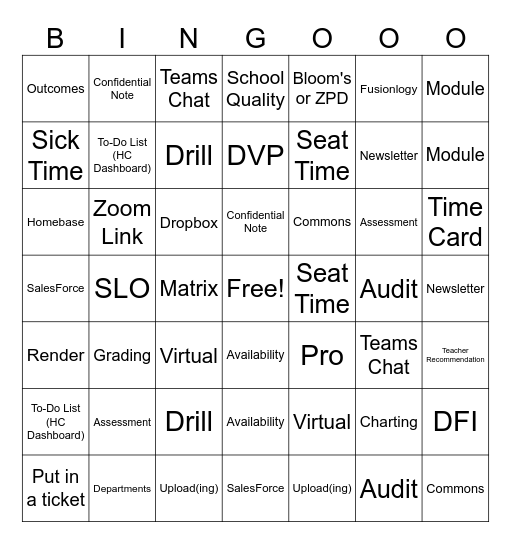 Fusion Staff Meeting Bingo Card