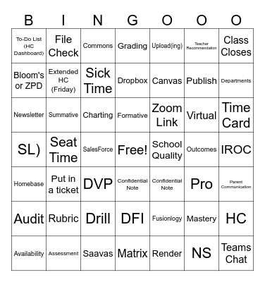 Fusion Staff Meeting Bingo Card