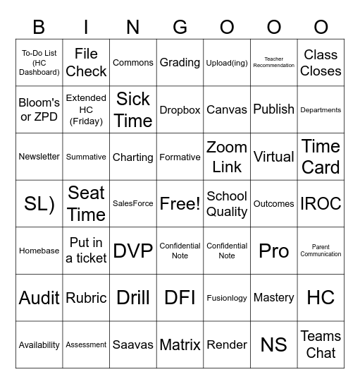 Fusion Staff Meeting Bingo Card