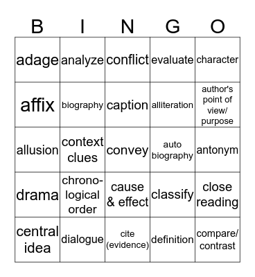 Fourth Grade Reading Bingo Card