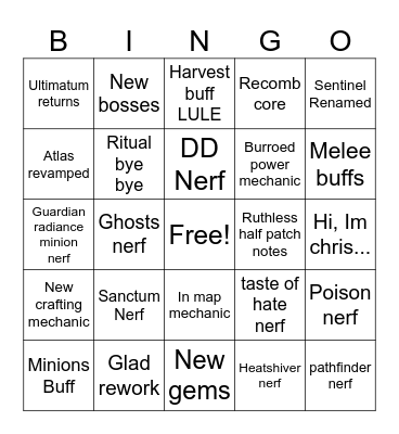 PoE LULE Bingo Card