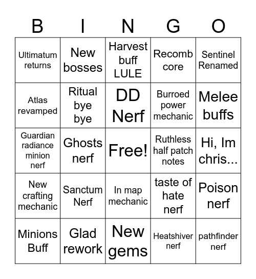 PoE LULE Bingo Card