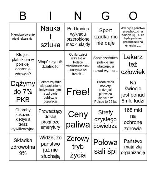 Zdrowie Publiczne Bingo Card