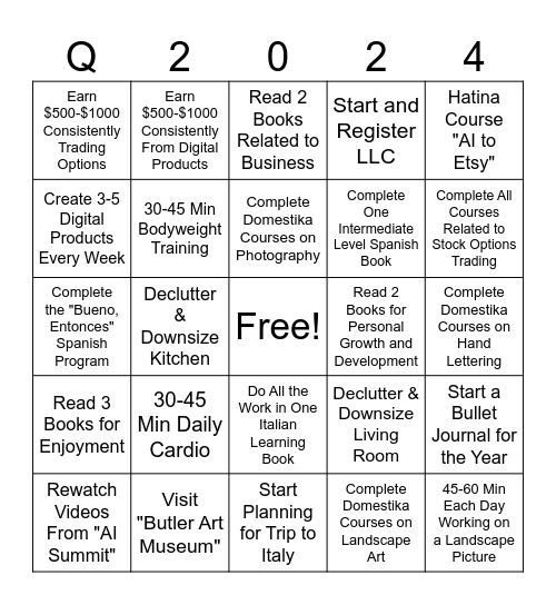 QUARTER ONE GOALS Bingo Card