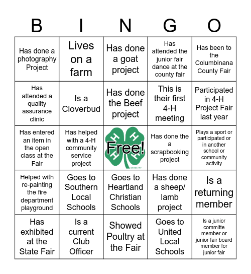 Baler Twines 4-H Human Bingo Card