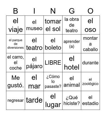 Realidades 1 Chap 8A Bingo Card