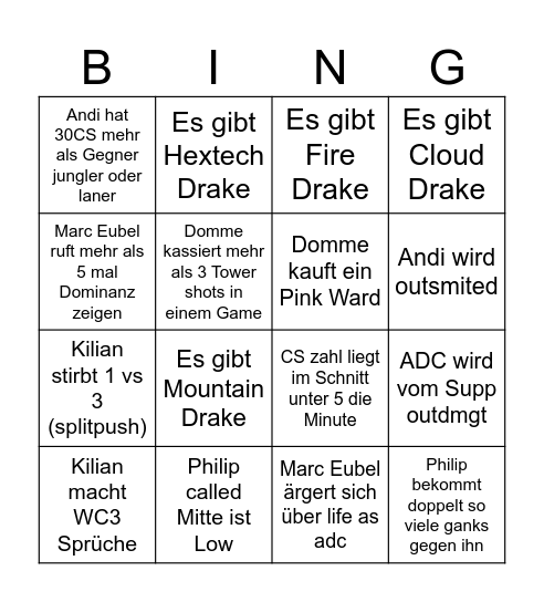 Sandro League Bingo Card