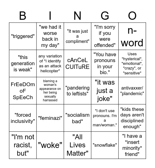 Bigot Bingo Card