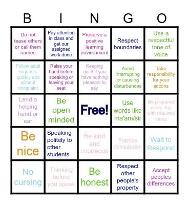 Ways respect can be shown in a classroom Bingo Card