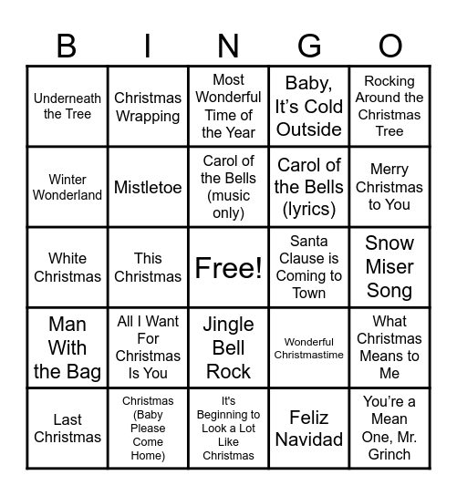 Holiday Music Bingo Card
