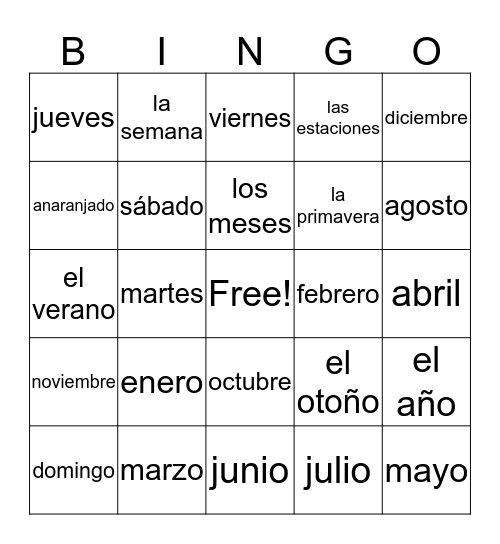 Spanish 1 review Bingo Card