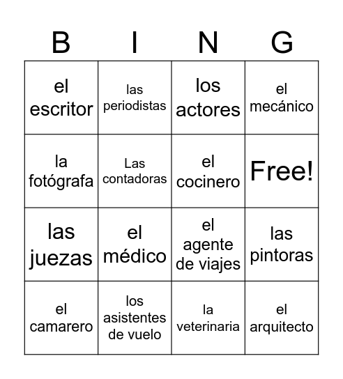 Las profesiones Bingo Card