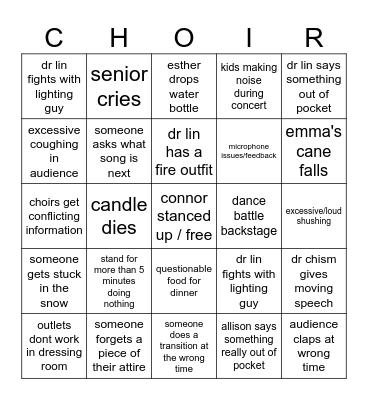 Christmas Concert Chaos Bingo Card