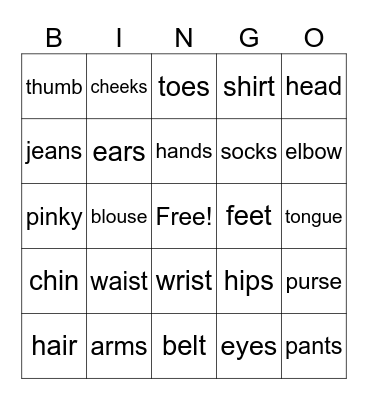 Parts of the Body and Clothes We Wear Bingo Card