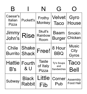 Nashville Dining Bingo Card