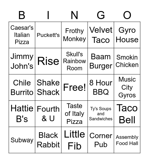 Nashville Dining Bingo Card