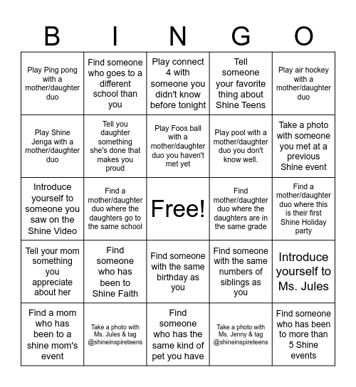 Mother/Daughter Holiday Bingo Card