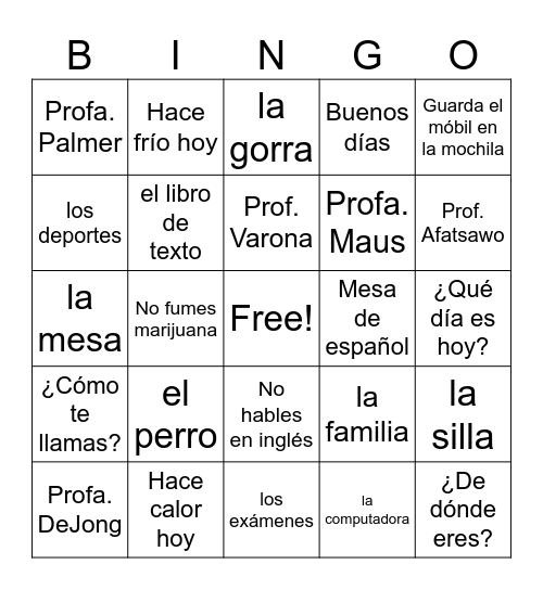 Clase de español Bingo Card