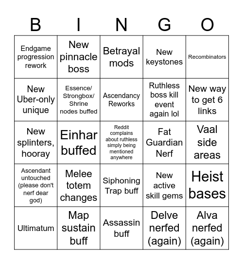 Ruthless 3.23 Reveal + Patch Note Bingo Card