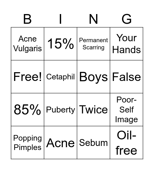 HOSA Health Education - Acne Care Bingo Card