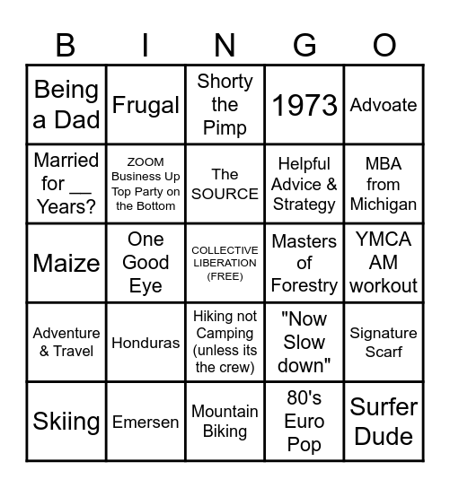 Andrew's 50th BINGO Card