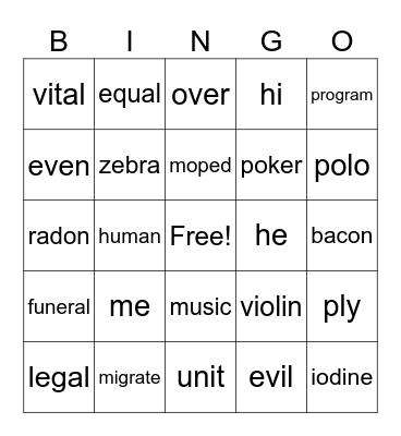 open syllable vowel Bingo Card
