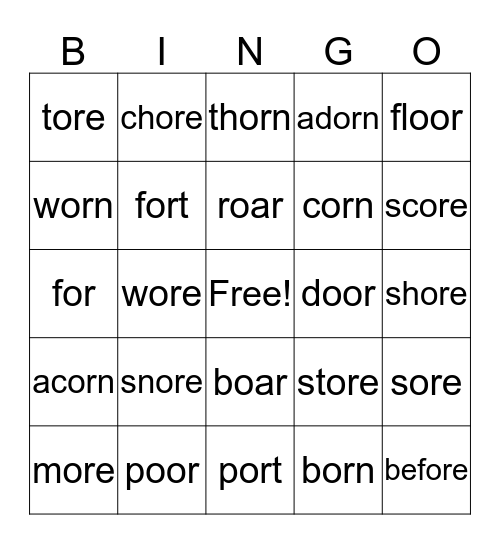 or, oar, ore, oor Bingo Card