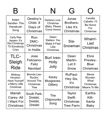 Radio Bingo Holiday Pop Music Bingo Card