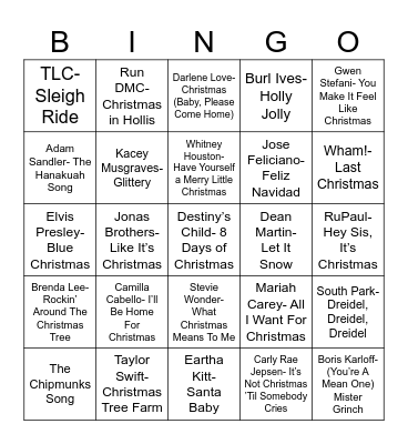 Radio Bingo Holiday Pop Music Bingo Card