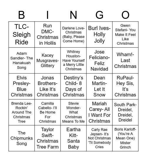 Radio Bingo Holiday Pop Music Bingo Card