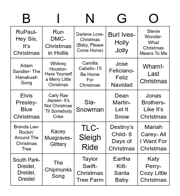 Radio Bingo Holiday Pop Music Bingo Card