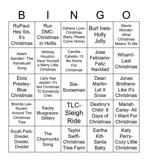 Radio Bingo Holiday Pop Music Bingo Card