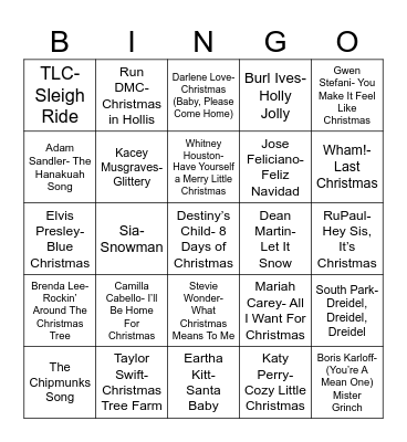 Radio Bingo Holiday Pop Music Bingo Card