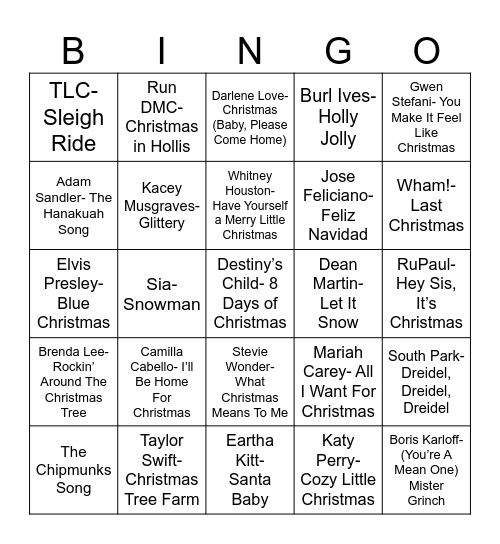 Radio Bingo Holiday Pop Music Bingo Card