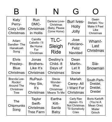 Radio Bingo Holiday Pop Music Bingo Card