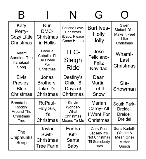 Radio Bingo Holiday Pop Music Bingo Card