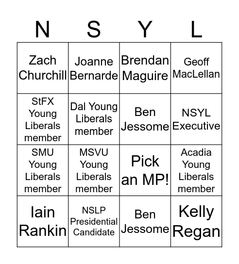 Nova Scotia Young Liberals Selfie Bingo Card